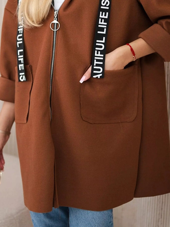 Full Size Hooded Zip-Up Longline Outerwear Plus Size