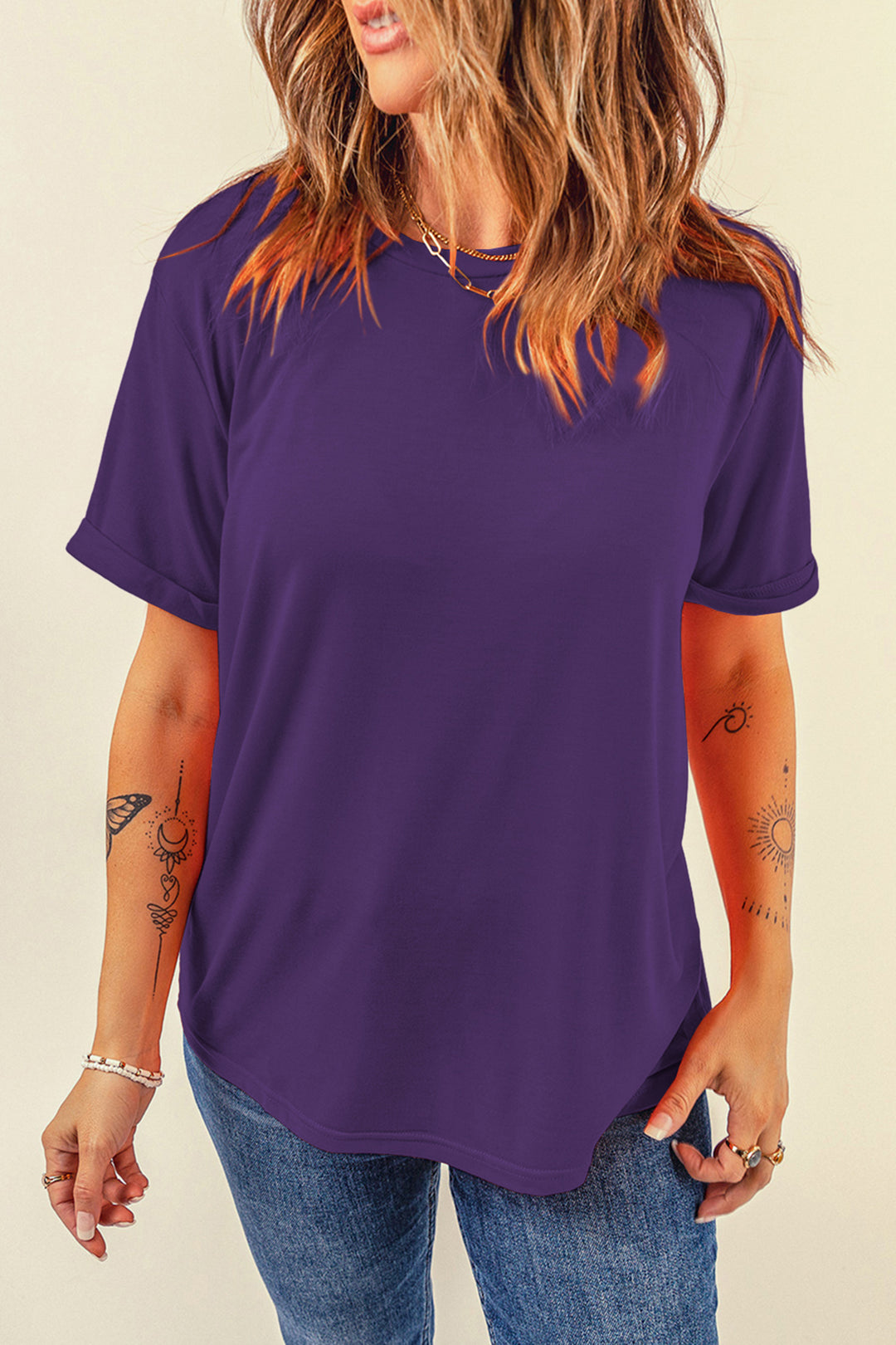 Tillandsia Purple Casual Plain Crew Neck Tee