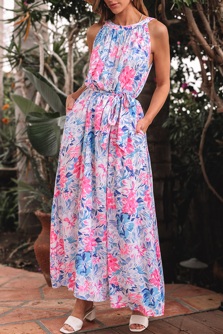 Robe longue bleu ciel à imprimé floral, sans manches, col rond, taille nouée