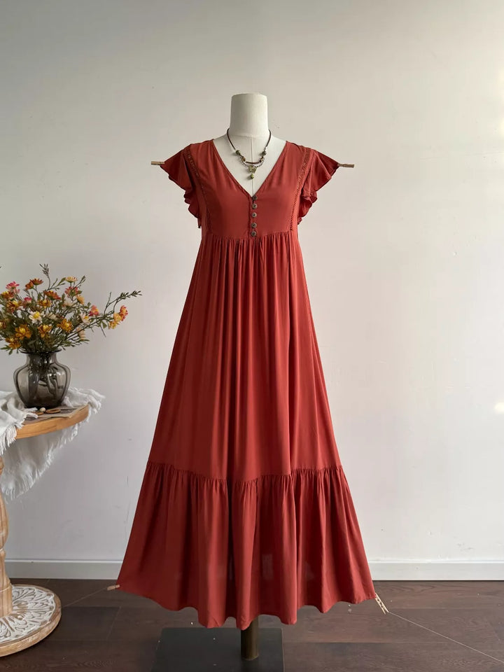 Ruffle Sleeve Maxi Dress with Button Detail