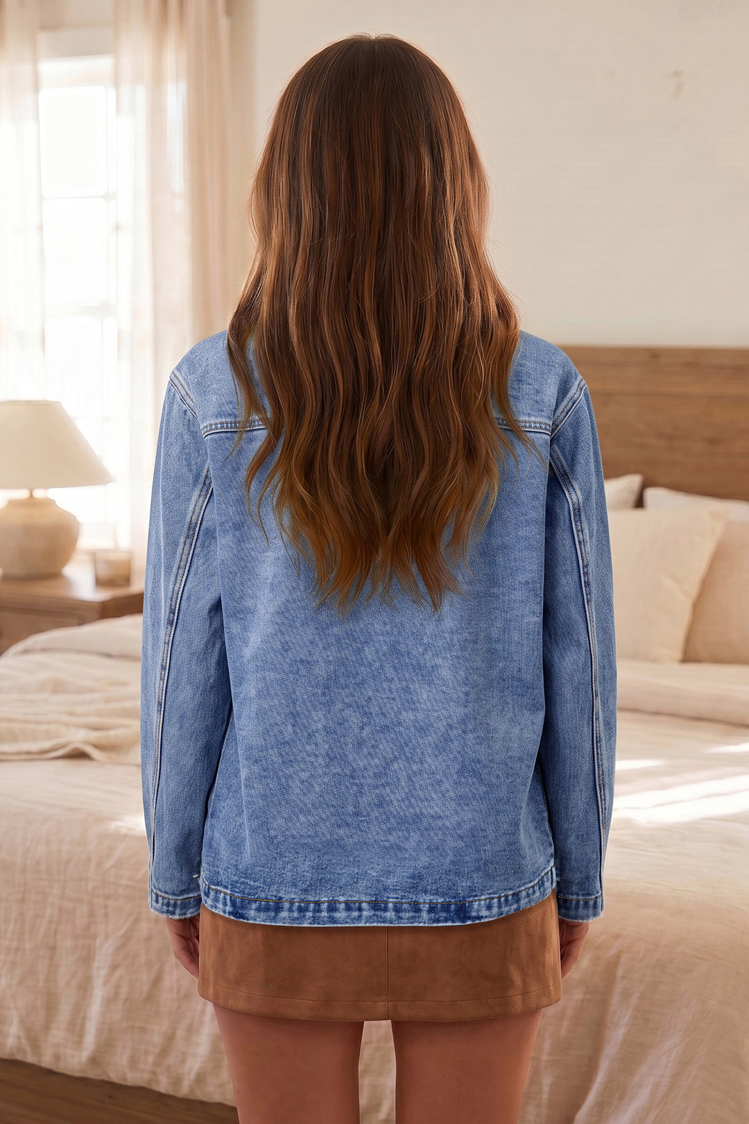 Sky Blue Patchwork Leather Collar Long Sleeve Denim Jacket