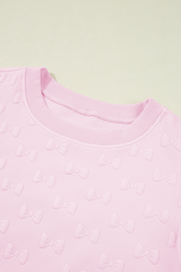 Pink Bow Jacquard Ruffle Sleeve Short 2pcs Outfit