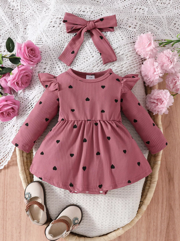 Children's Heart Print Ruffle Trim Bodysuit Dress with Headband
