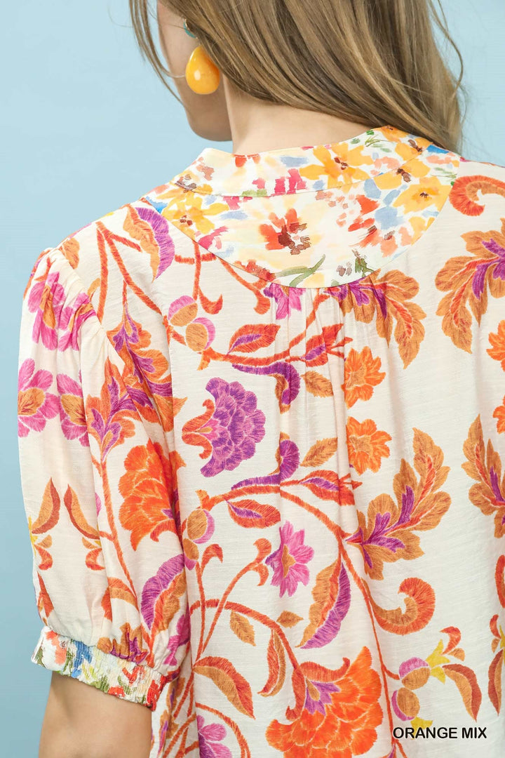 Umgee Mix Floral Split-Neck Short Sleeve Top