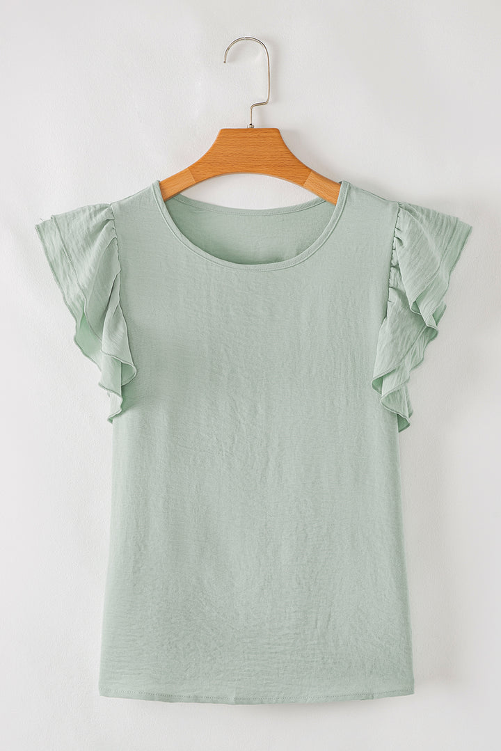 Clearly Aqua Solid Color Ruffled Short Sleeve Casual Blouse