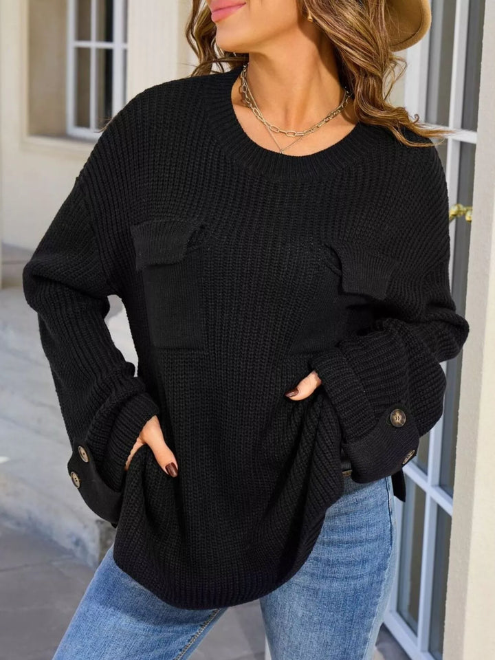 Pocket Detail Round Neck Sweater