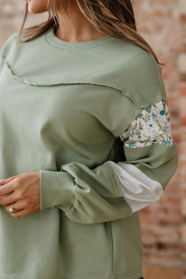 Laurel Green Floral Plaid Mixed Sleeve Raw Edge Relaxed French Terry Top