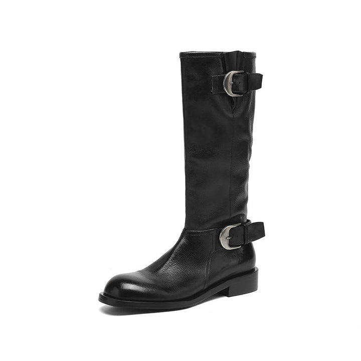 Womens Chunky Low-heeled Leather Round-toe Knee-high Boots