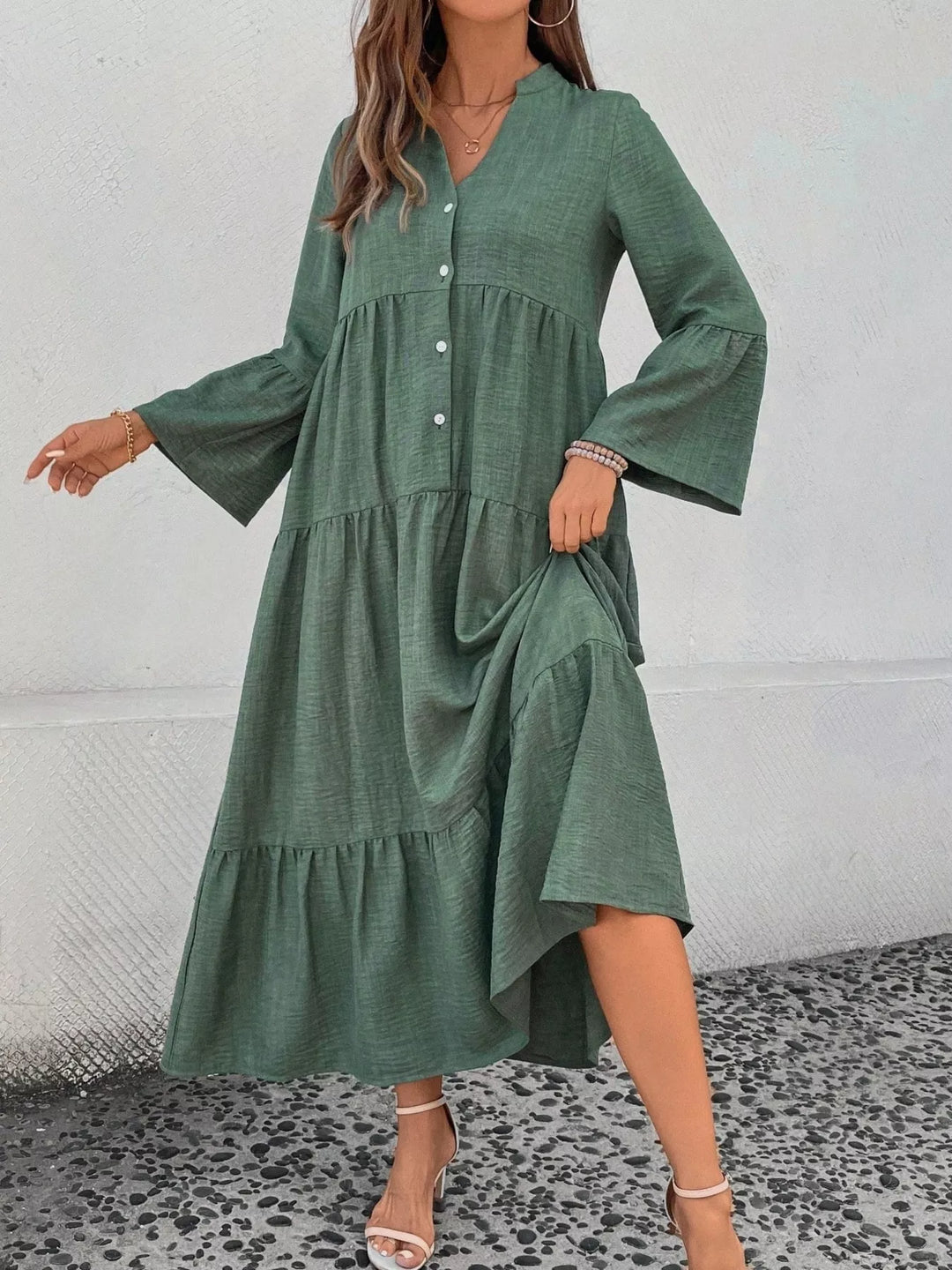 Ruffle Hem Button Front Tiered Dress