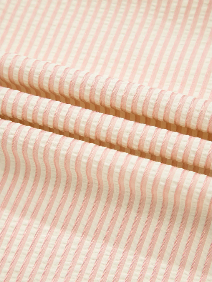 Stripe Bow Knot Cuff Pearl Embellished Puff Sleeve V Neck Blouse