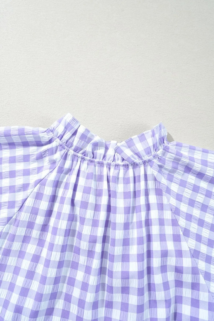Plaid Tie Neck Short Sleeve Babydoll Mini Dress
