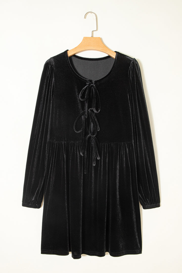 Black Front Tie Velvet Bubble Sleeve Mini Dress