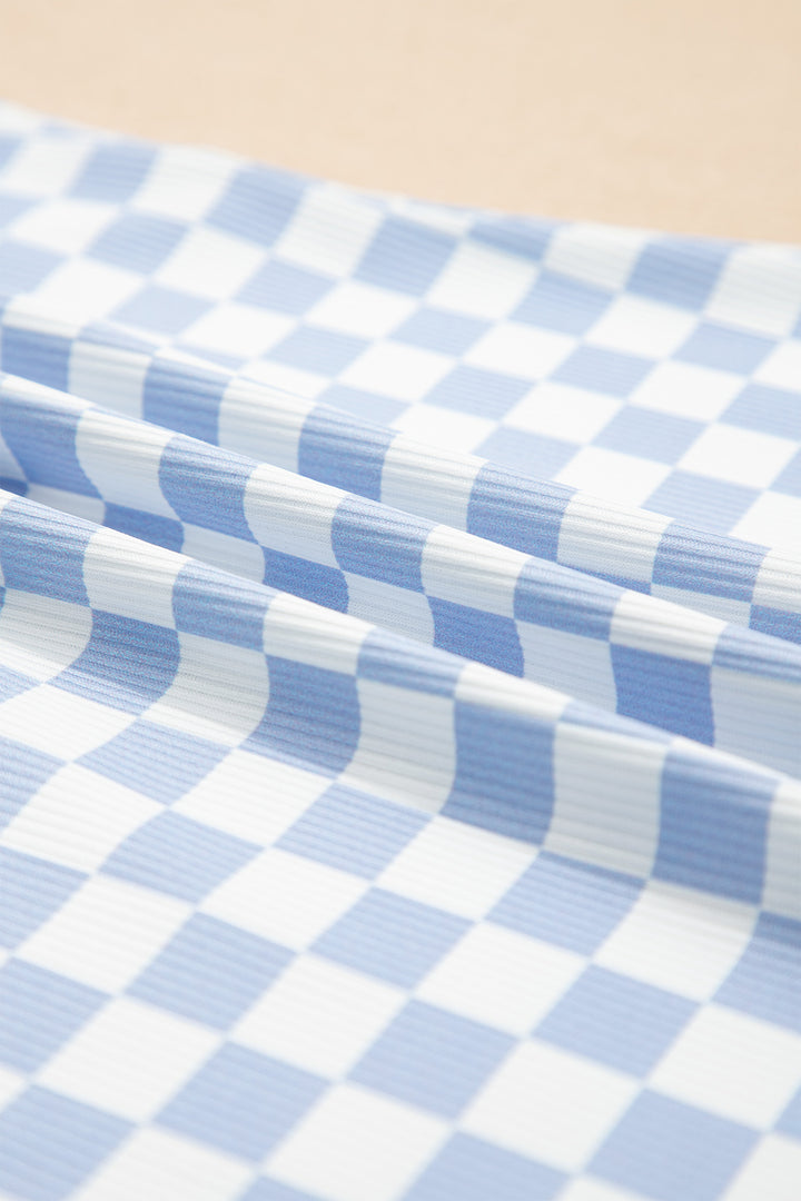 Sky Blue Checkered Ribbed Slim Fit Crew Neck T Shirt