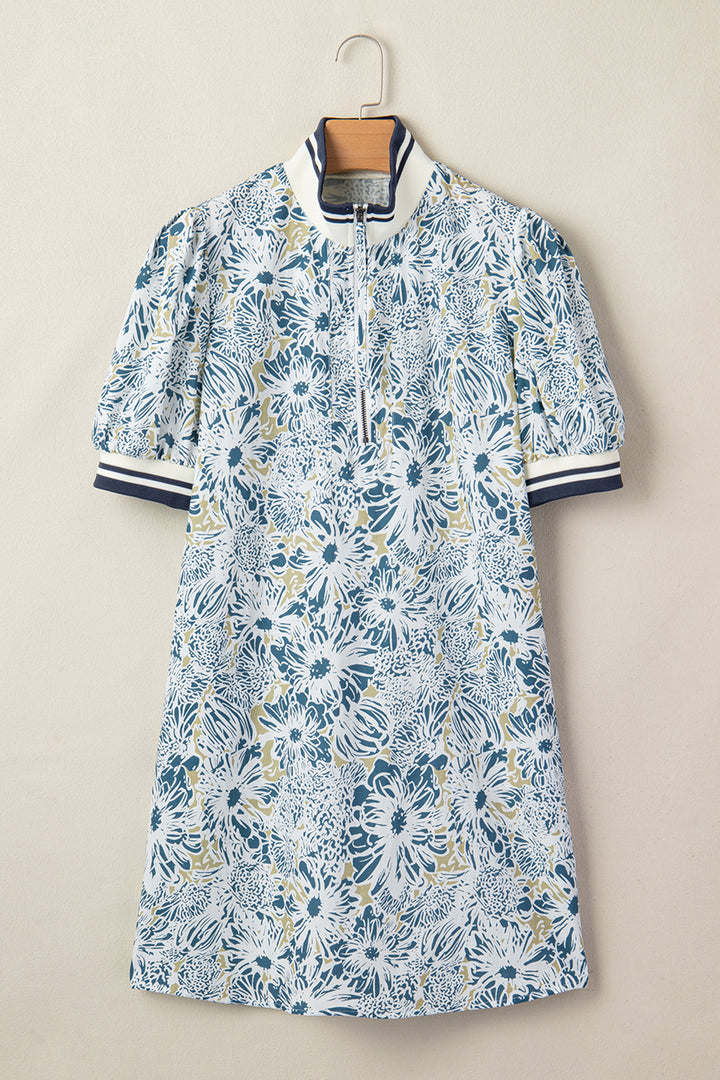 Blue Floral Print Striped Webbing Patchwork Collar Short Sleeve Mini Dress