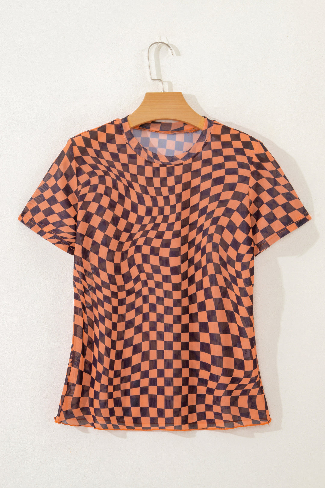 Orange Checkered Print Crew Neck Mesh T Shirt