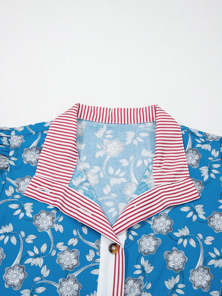 Floral Print Striped Trim Button Neck Short Sleeve Blouse