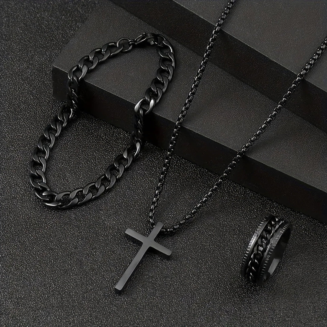Men's Fashion Watch Ring Necklace Bracelet Set - Stainless Steel Jewelry Collection for Daily Wear