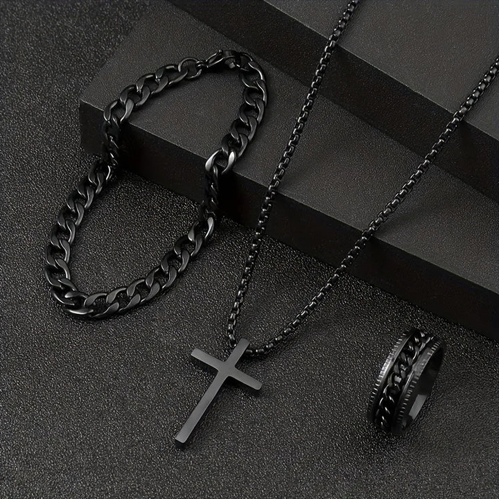 Men's Fashion Watch Ring Necklace Bracelet Set - Stainless Steel Jewelry Collection for Daily Wear