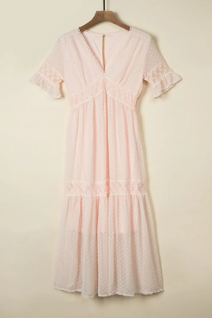 Polka Dot V-Neck Ruffle Midi Dress