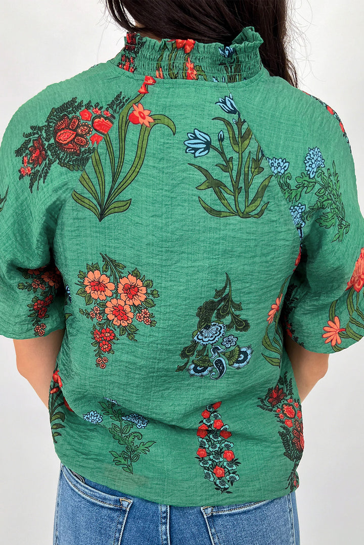 Chemisier à manches courtes et col en V boutonné à imprimé floral vert vif