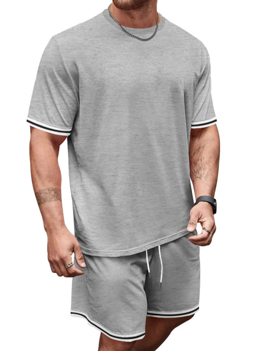 Men's Full Size Striped Short Sleeve Tee and Shorts Set Plus Size