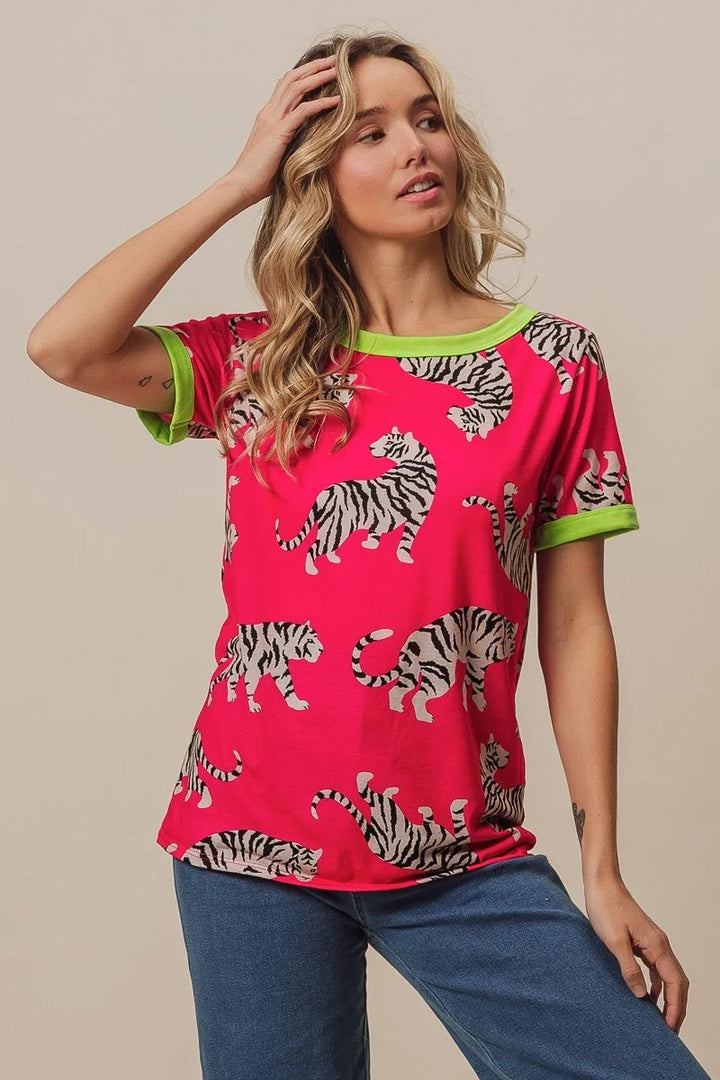BiBi Big Tiger Print Jersey Contrast Ringer Top