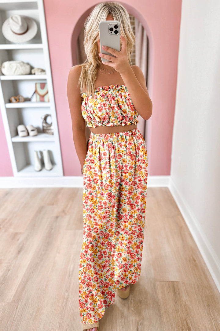 Pink Boho Floral Bandeau Top and High Waist Wide Leg Pants Set