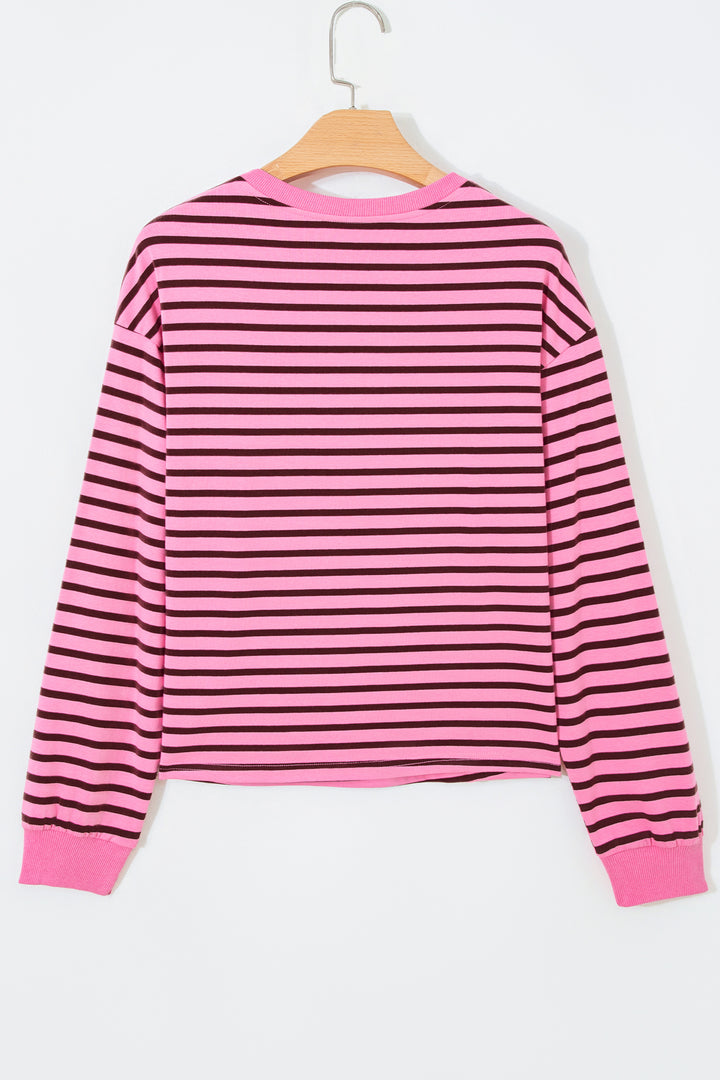 Pink Stripe V Neck Drop Shoulder Long Sleeve Top