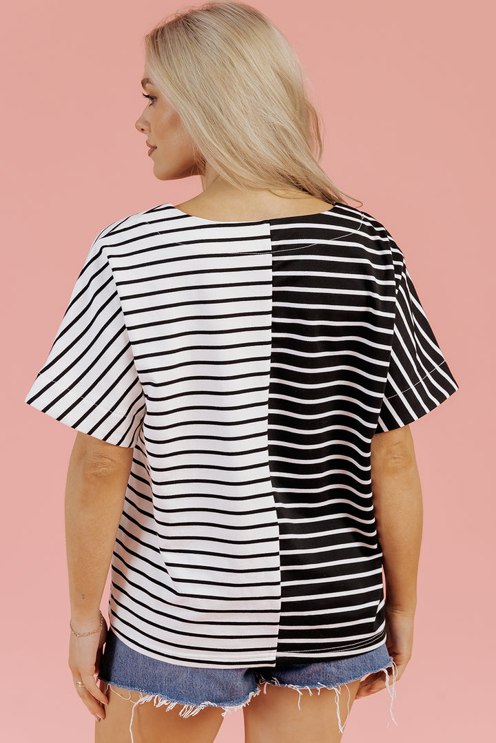T-shirt col V à rayures noires bicolores