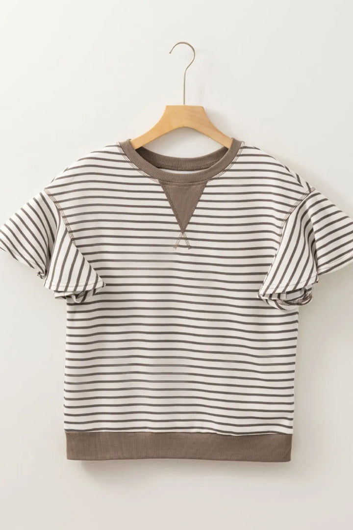 Contrast Striped Ruffle Short Sleeve Top