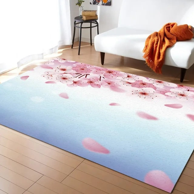 Pastel Cherry Blossom And Crescent Moon Non-Slip Flannel Floor Mat Home Rug Decoration