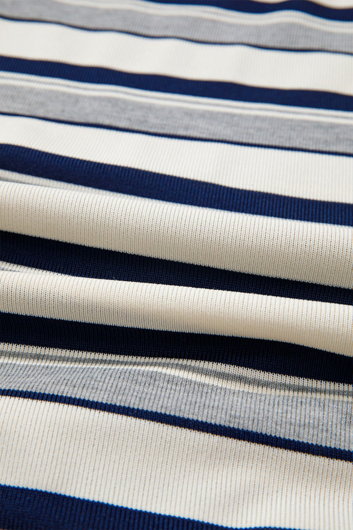 Blue Stripe Striped Ribbed Stand Neck Long Sleeve Shift Silhouette Sweatshirt