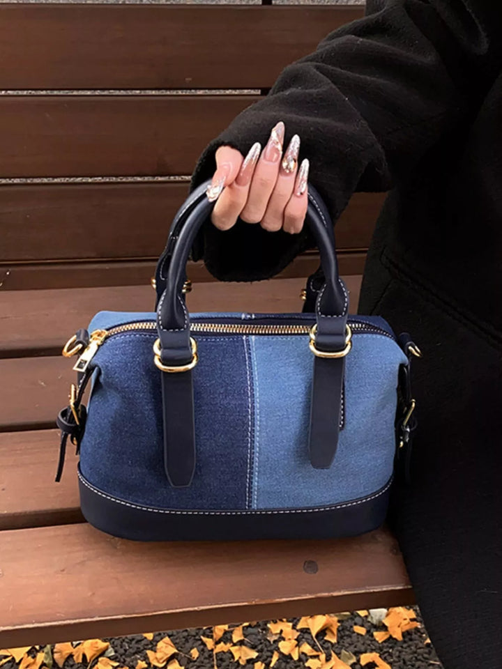 Two-Tone Denim Barrel Crossbody Bag