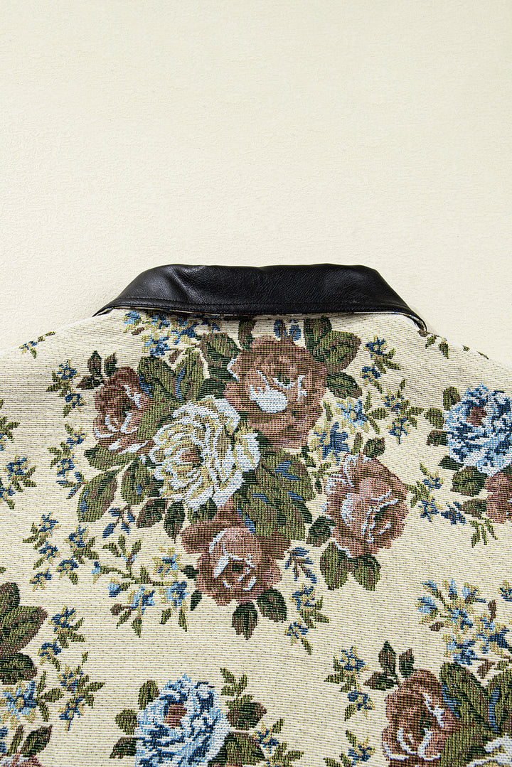 Khaki Floral Print Zip Up Contrast Collared Jacket