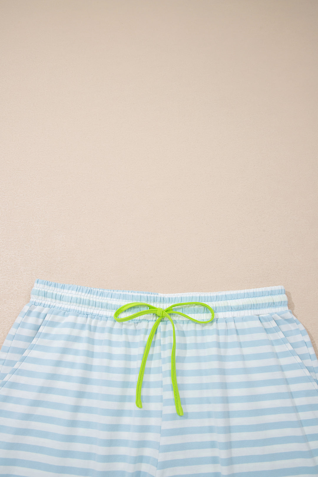 Sky Blue Stripe Contrast Neck Loose Tee and Drawstring Shorts Set