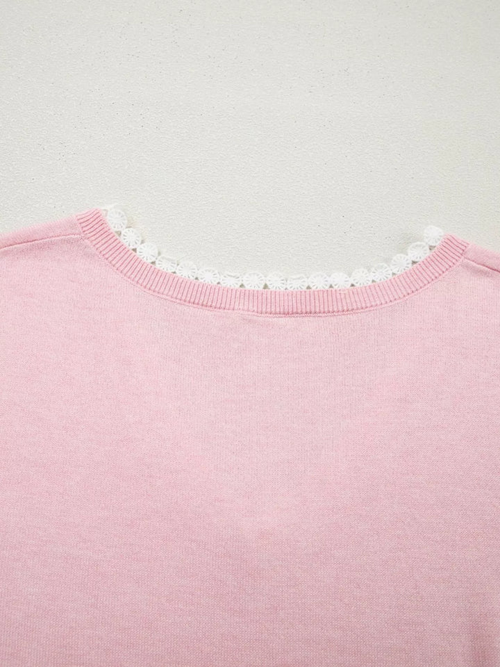Lace V Neckline Short Sleeve Sweater