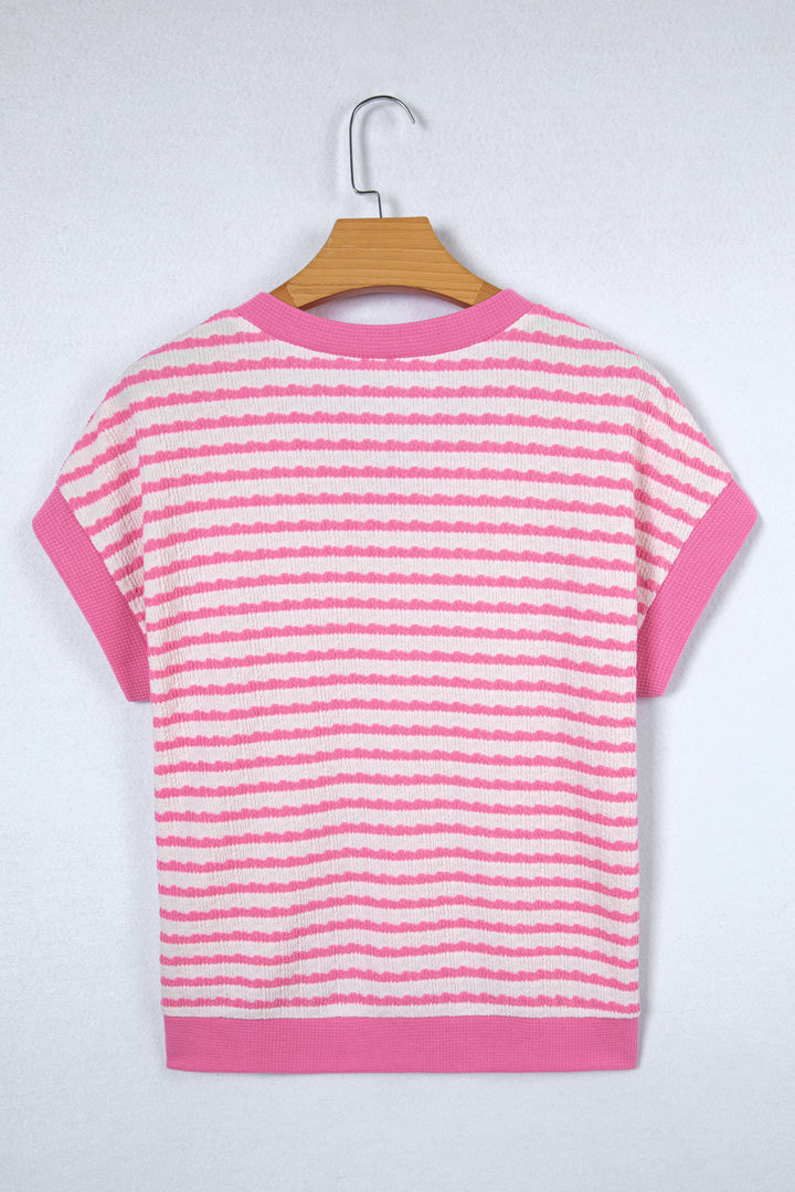 Pink Stripe Textured Knit Contrast Trim V Neck Short Sleeve Top