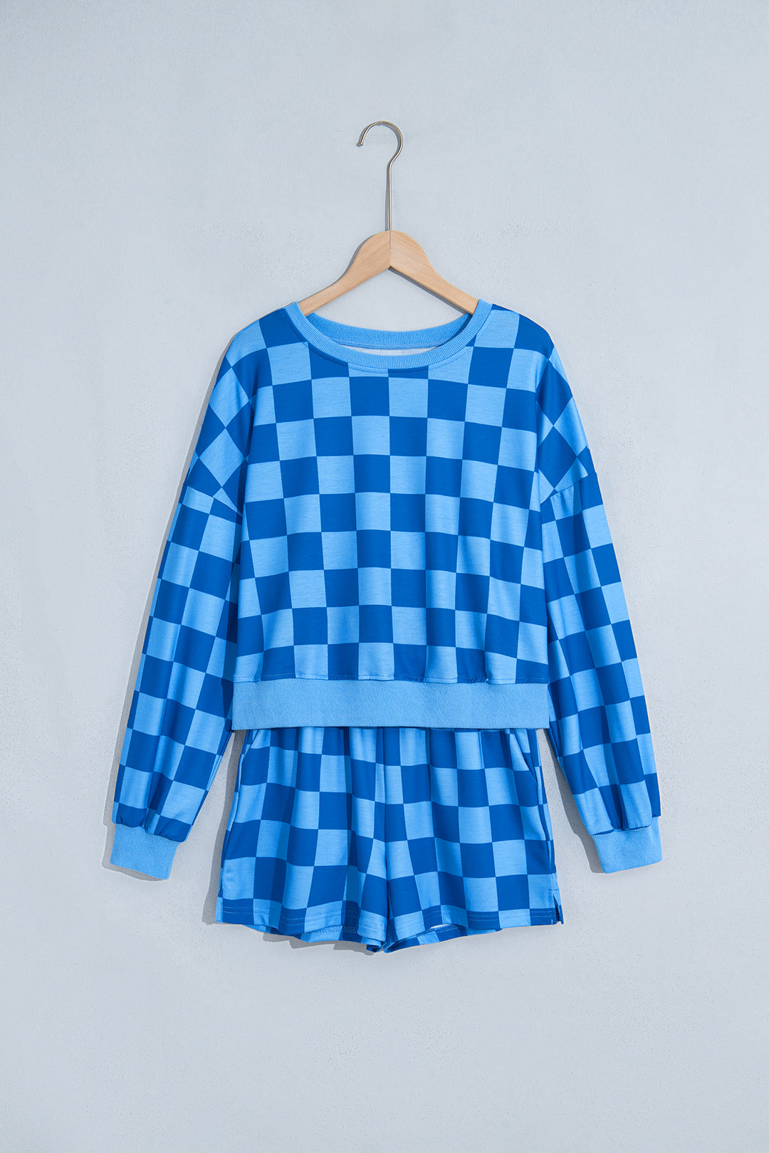 Dark Blue Plaid Checkered Long Sleeve Crop Top Elastic Waist Shorts Two Piece Set