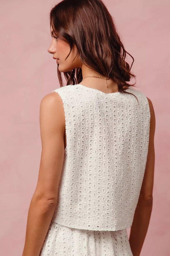 SO ME Floral Eyelet Lace Tie Front Vest Top and Tiered Mini Skirt Set