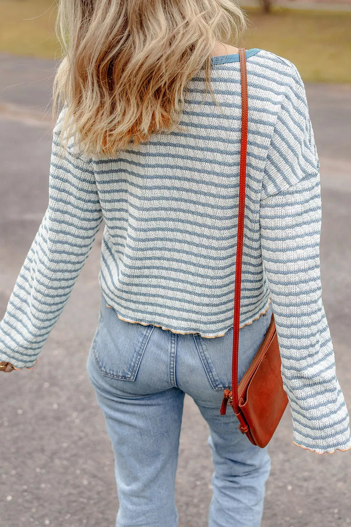 Striped Textured Knit Button Detail Top