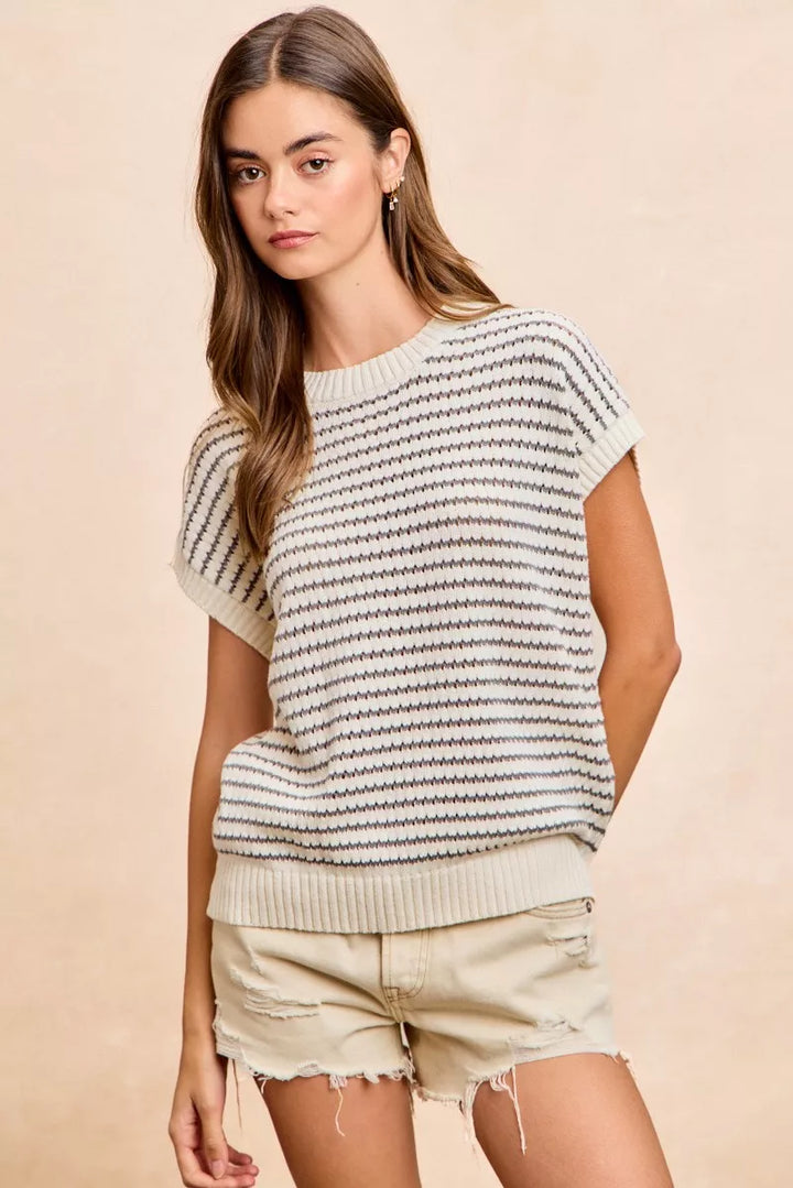 BiBi Pointelle Stripes Sleeveless Drop Shoulder Lightweight Sweater Top