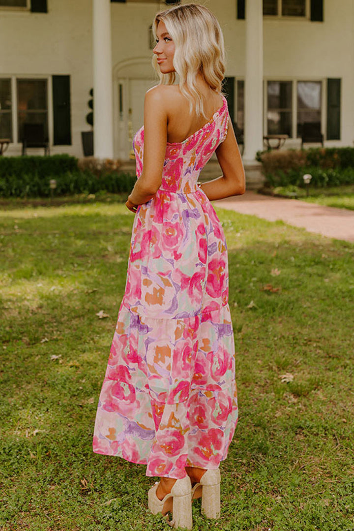 Robe longue froncée à une épaule et imprimé floral abstrait rose