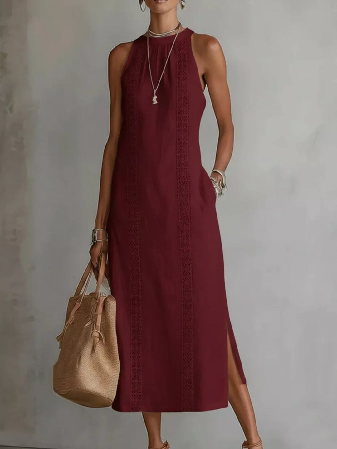 Full Size Sleeveless Lace Trim Midi Dress Plus Size
