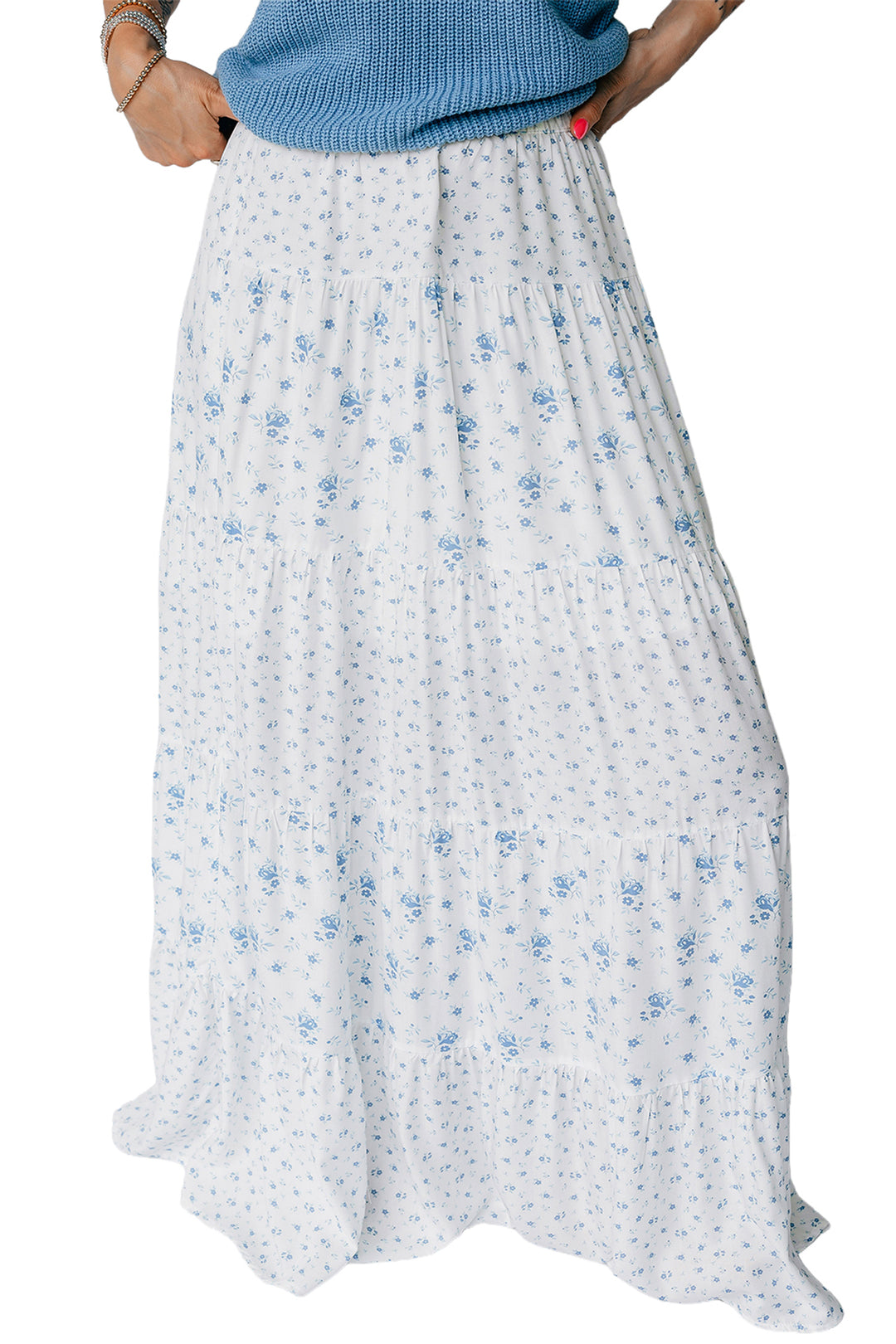 Sky Blue High Waist Tiny Floral Print Boho Maxi Skirt