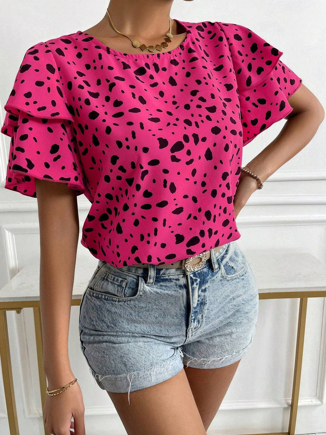 Animal Print Ruffle Sleeve Blouse