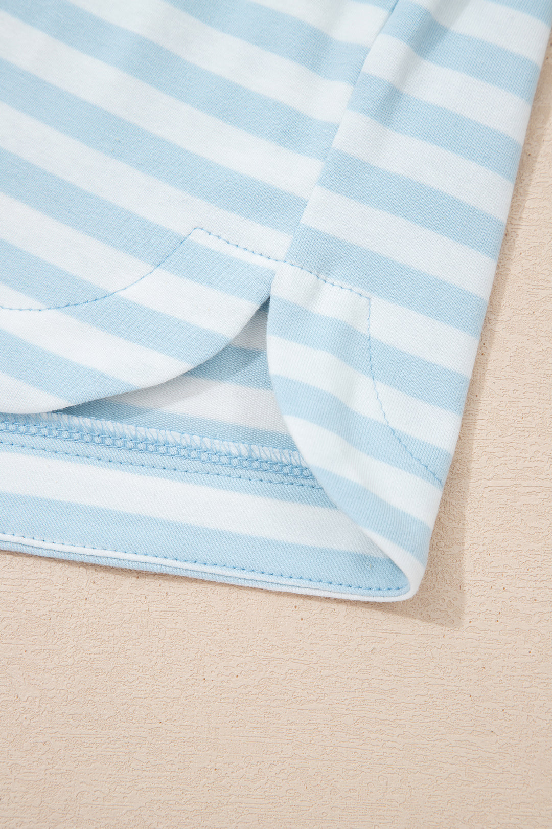 Sky Blue Stripe Contrast Neck Loose Tee and Drawstring Shorts Set