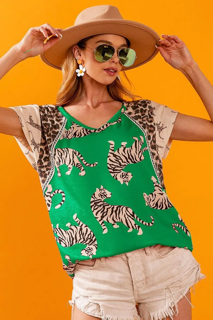 BiBi Tiger Printed Jersey Block T-Shirt with Aztec Trim