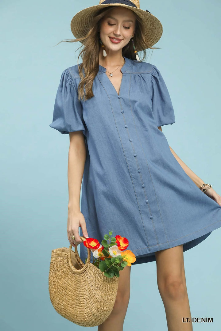Umgee Chambray Puff Sleeve Dress
