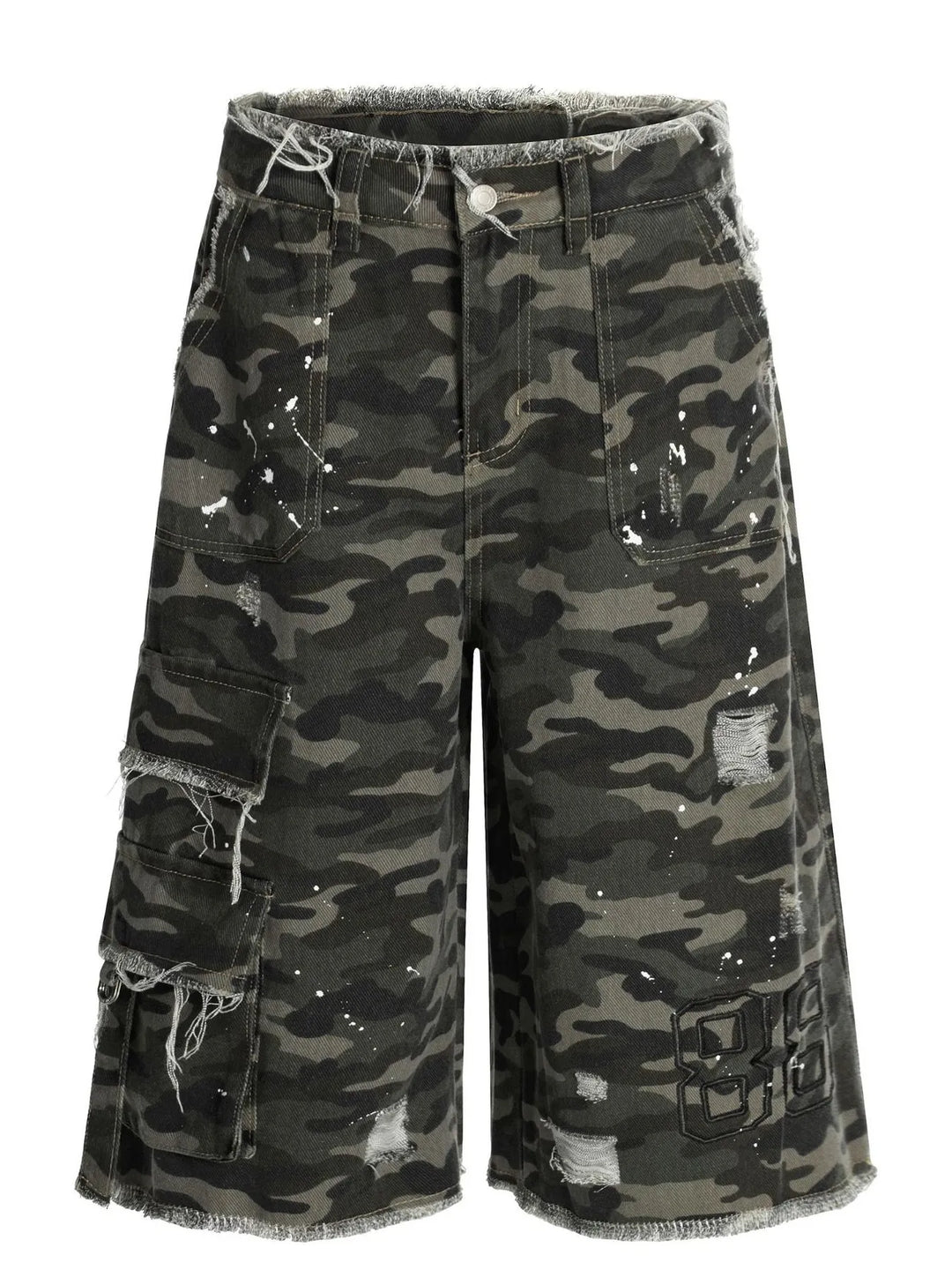 Men's Distressed Camo Print Cargo Denim Shorts