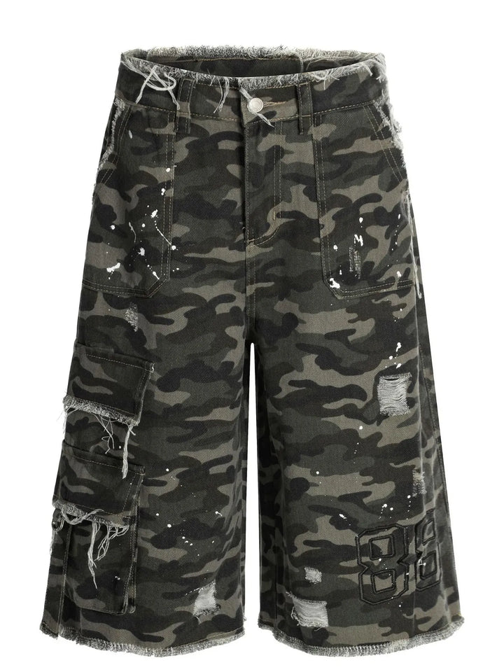 Men's Distressed Camo Print Cargo Denim Shorts